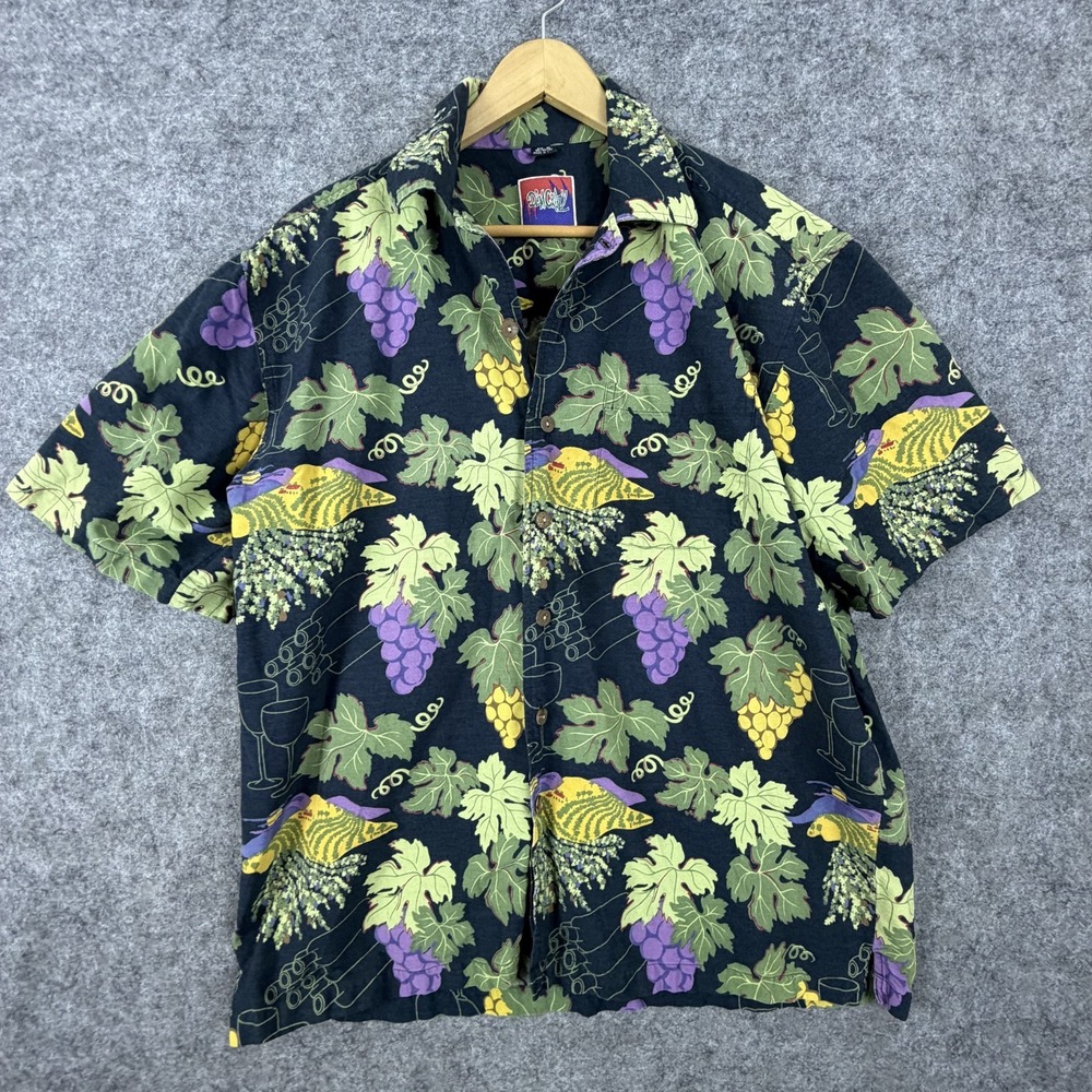 D'em Crazy Hawaiian Shirt Men XL Blue Green Wine Grape Resort Vacation Beach